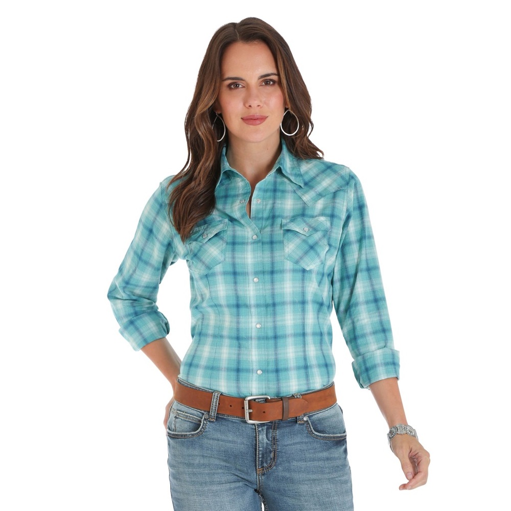 Womens Wrangler Long Sleeve Turquoise Plaid Shirt